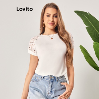 Lovito Camiseta Boho Básica com Detalhes de Tecido para Mulheres LBL06145 (Branco)
