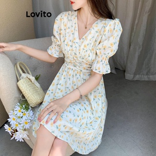 Lovito Vestido Casual Ditsy Floral Com Botão Franzido Para Mulheres LNE41292