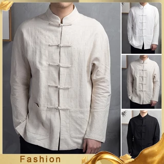Ccf _ Men . Camisa De Outono Estilo Chinês Mandarim Colarinho De Manga Comprida Bolsos Botão De Disco Kung Fu Tai Chi Tradicional Tang Tops Uniforme