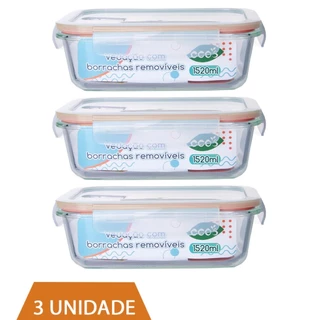 3 Pote 1520ml Vidro Forno Microondas Tampa Hermetica Forte