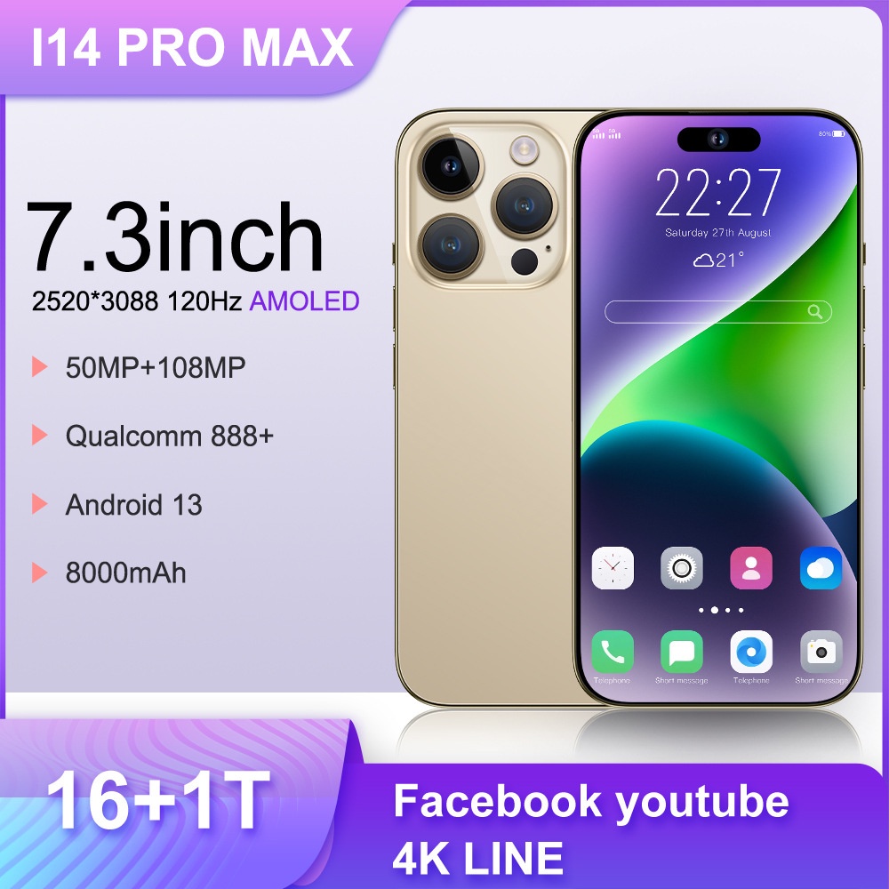 Global Version I14 Pro Max Smartphone 7.3Inch Telefone 8000mAh 1080MP  Camera 8GB+256GB Cell