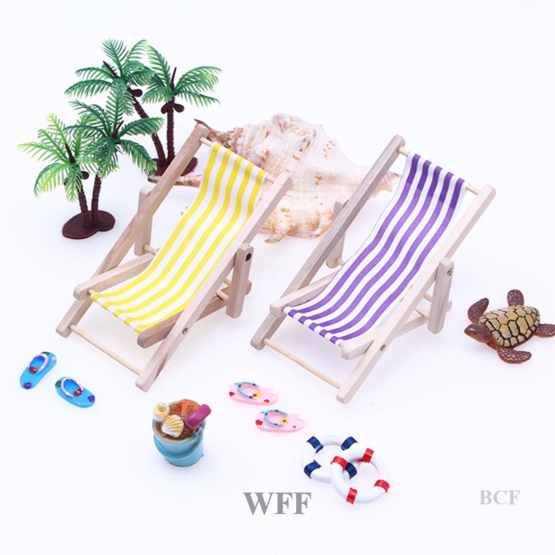 WFF DIY Cadeira De Deckchair Lounge Em Madeira Dobrável Miniatura Para Praia Dolls Toys Garden Dollhouse Furniture Decor