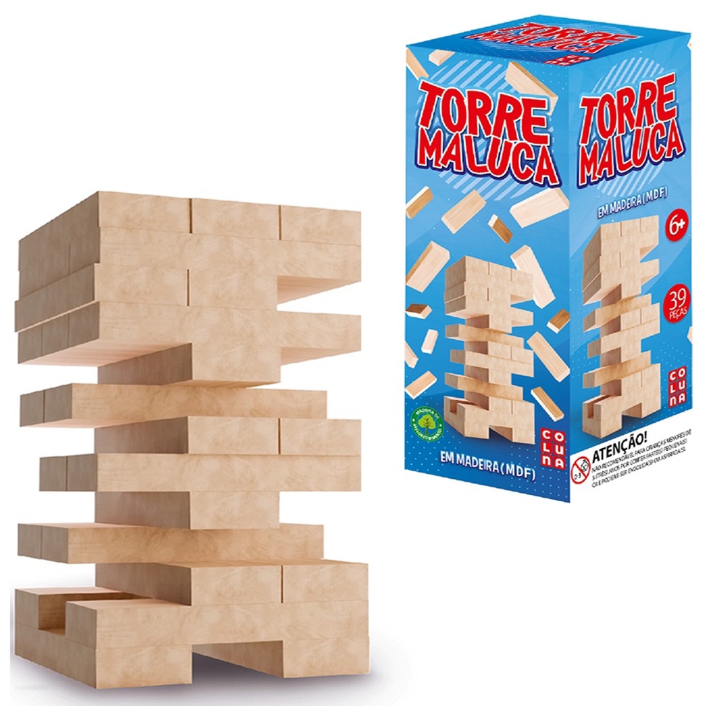 Jogo Torre Maluca Brinquedo Torre 39 Pçs Equilíbrio Madeira - Pais