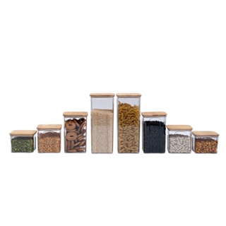 kit 8 potes de acrílico com tampa de bambu quadrados - oikos