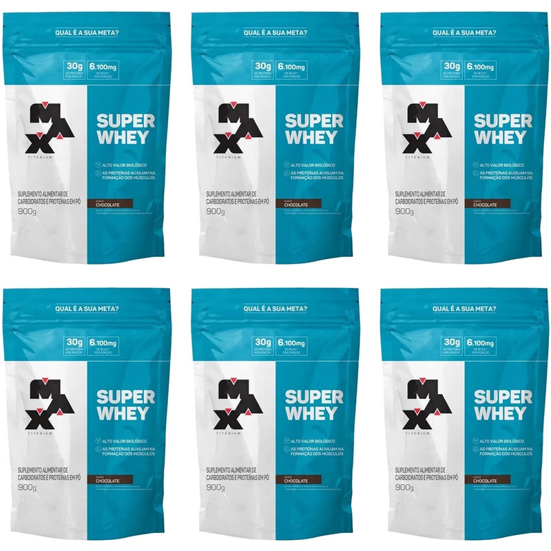 Super Whey Protein 900g Chocolate Refil – 6 unidades – Max Titanium