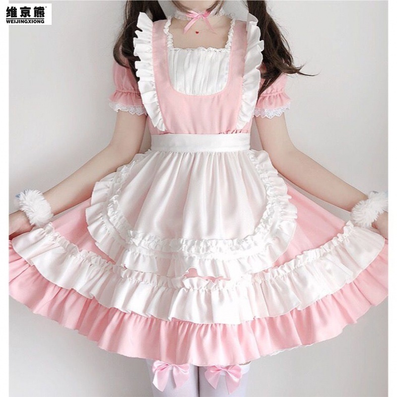 Vestido de empregada rosa Lolita para mulheres, traje Cosplay