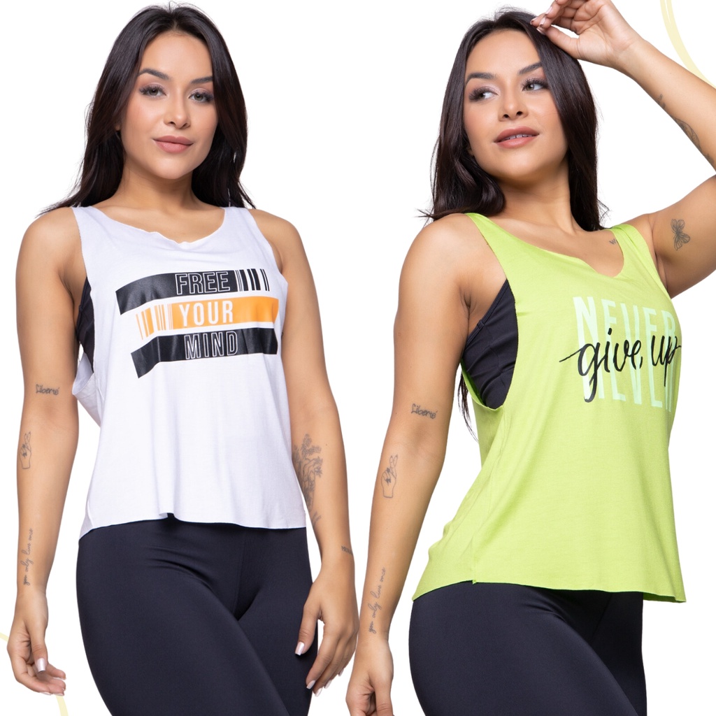Kit 2 Camiseta Regata Academia Feminina Fitness Estampada | Shopee Brasil