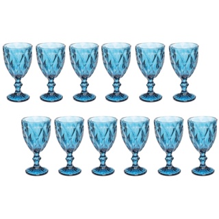 Jogo Copo Taça Vidro Diamante Azul Para Agua 300ml - 12Un