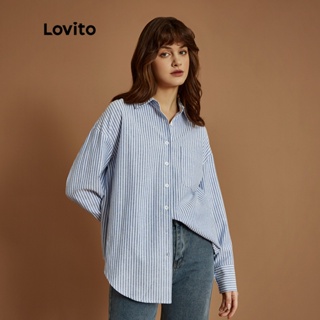 Lovito Casual Blusa Listrada com Textura / Macia / Algodão L32UD002 (Azul)
