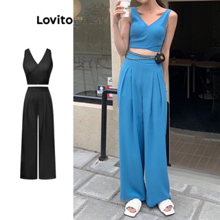 Lovito Conjunto Casual De Calças Plissadas Lisas Para Mulheres L74ED283
