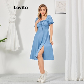 Lovito Vestido Jeans Casual Com Divisão De Laço Liso Para Mulheres LBL07069