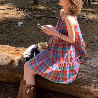 Lovito Vestido com Amarração e Camadas de Tecido Xadrez para Mulheres LNA19262 (Multicolorido)