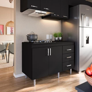 Balcão de Cozinha 1,20m Para Cooktop 5 Bocas 2 Portas E 3 Gavetas Turim Preto Lojas Movelove