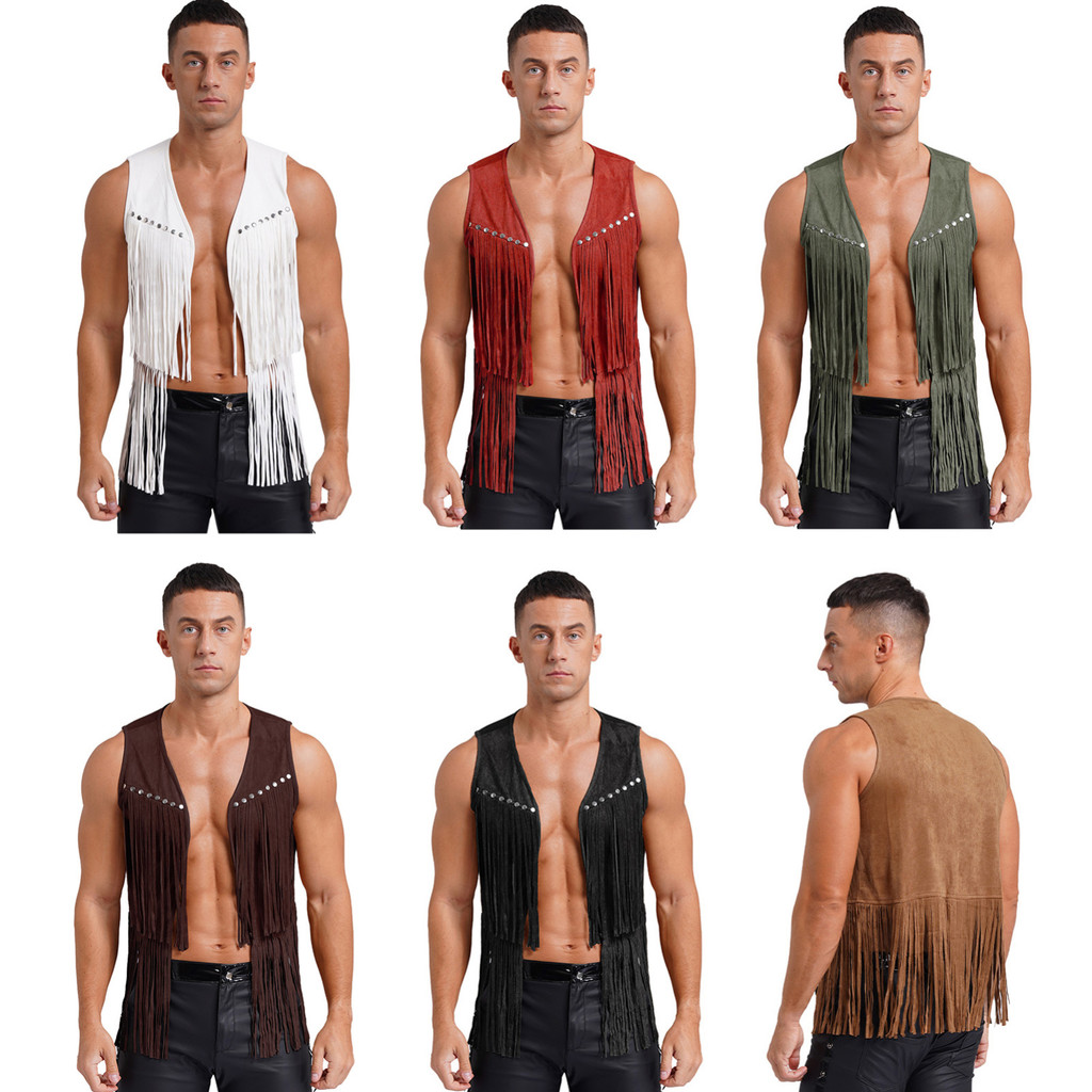 Aislor Men Faux Suede Tassel Vest Fashion Rivets Fringe Waistcoat