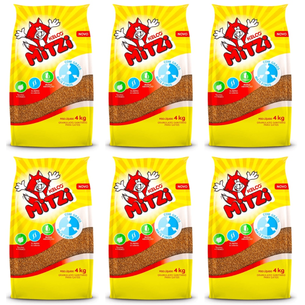 kit 6 Areia para Gatos Mitzi Kelco Granulado Sanitário - 4kg