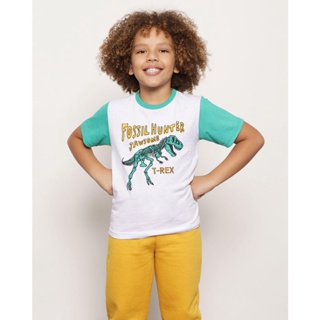 Camiseta Infantil Manga Curta Estampa Dinossauro Branco