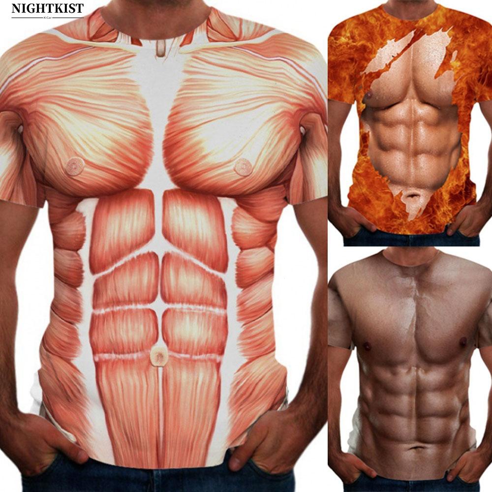 3d realista músculos no peito impresso t-shirts homens casual de fitness  manga curta algodão respirável