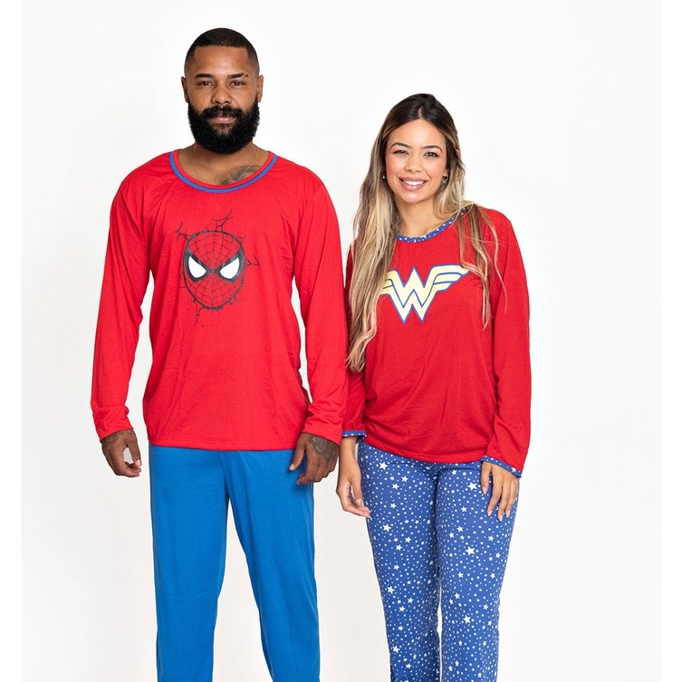 Kit 2 Pijamas Longos Casal Inverno Adulto Homem Aranha e Mulher ...