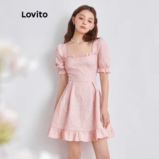 Lovito Romântico Floral Ruffle Hem Frill Midi Comprimento Praça Pescoço Mulheres Vestido L44AE011 (Rosa Coral)