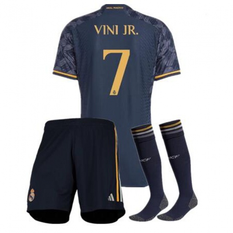 23/24 Real Madrid away Crianças Camisa de Futebol Crianças Camisola Shorts Meias 2023/2024 Kit Crianças Bellingham Vini JR Modric Futebol Jersey Set