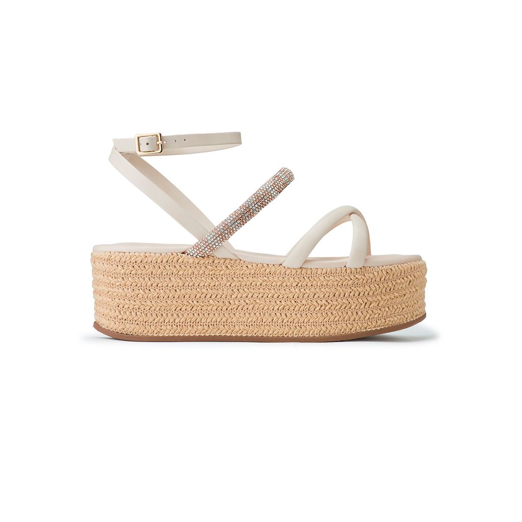 Sandália Flatform Bebecê Salto Médio Natural Cordas Tiras Strass