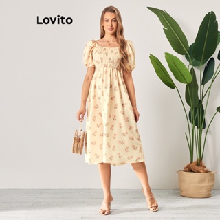 Lovito Casual Vestido Floral com Mangas Bufantes e Babado com Elástico para Mulheres LBL06123 (Damasco)