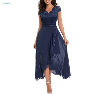 JO Women Vestido De Festa Lace V Neck Ruffle Sleeveless Irregular Hem He