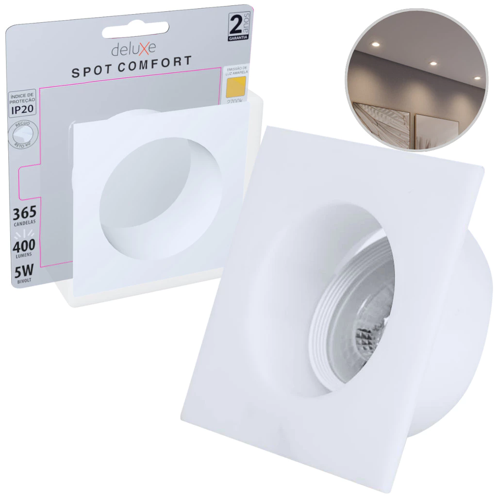 Spot de Led Comfort 2700k Branco Quente 5w Recuado Quadrado Embutir 110v/220v Bivolt Branco Cód: 908832055 Deluxe