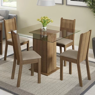 Conjunto Sala de Jantar Madesa Magda Mesa Tampo de Vidro com 4 Cadeiras - Rustic/Pérola