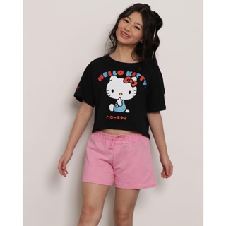 Blusa Juvenil Cropped Hello Kitty Manga Curta Preta