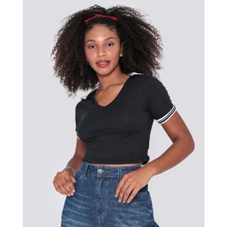 Blusa Cropped Malha Canelada Preta