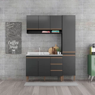 Cozinha Compacta com Balcão para Pia Sabrina 160 x 202 Cm 3 Peças MDP Preto MENU