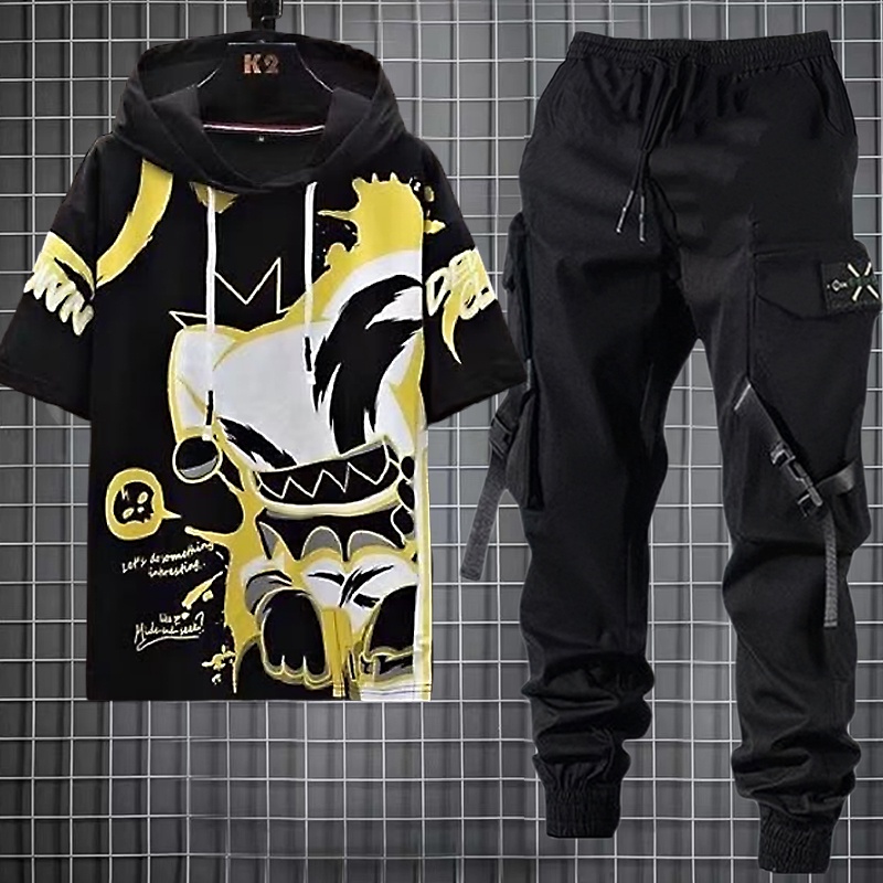 Ternos Masculinos Hip Hop Streetwear Calças De Carga + Moda Casual Camiseta Manga Curta Conjunto Masculino