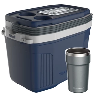 Caixa Cooler Térmico Azul 20L Cabe 26 Latas + Copo Inox Chumbo 500ml em Oferta na Shopee
