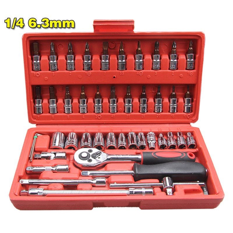Maleta Jogo Conjunto Chave catraca 46 peças 1/4'' com soquete reversível resistente aço inox
