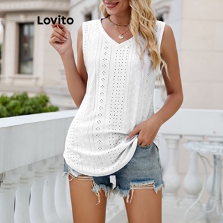 Lovito Regata Casual Com Bordado De Ilhós Simples Para Mulheres LNE31120 (Branco)