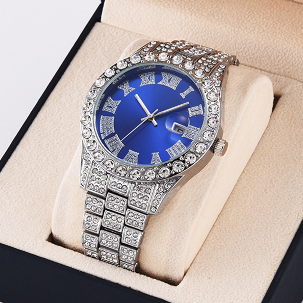 Kegllect New Men Luxury Diamond Watch Steel Strap Calend rio De Quartzo Com Balan a Romana Diamante