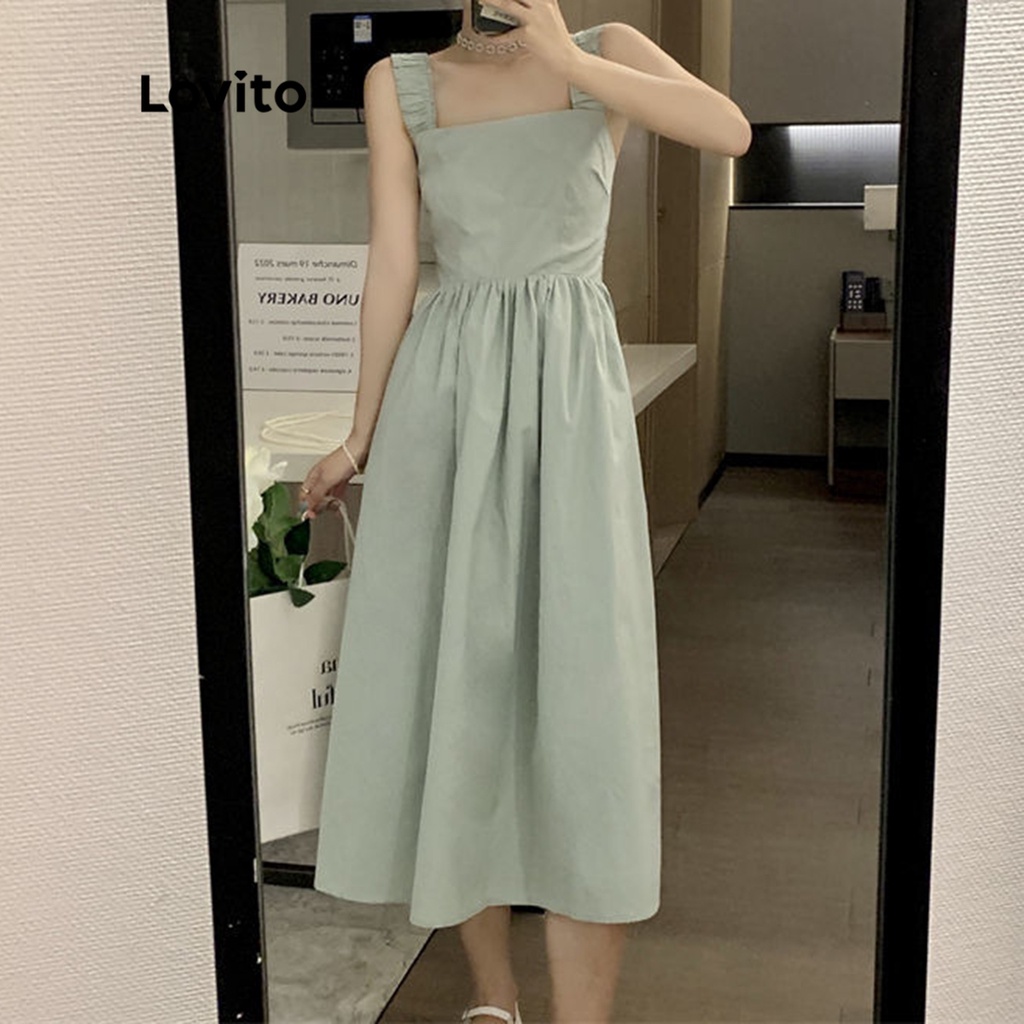 Lovito Vestido Midi sem Mangas com Detalhes Franzidos para Mulheres LNE09229 (Verde)