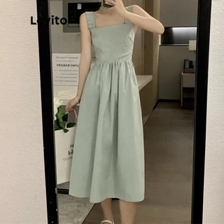 Lovito Vestido Midi sem Mangas com Detalhes Franzidos para Mulheres LNE09229 (Verde)