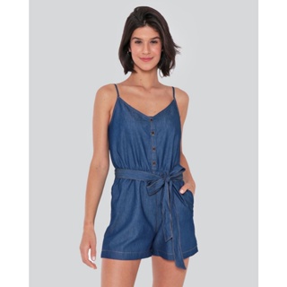 Macaquinho Jeans Feminino Tira Amarração Azul