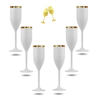 20 Taça Branca Borda Dourada Champanhe Acrílica Cristal 150ml
