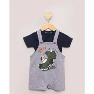 Conjunto Jardineira Bebê Curta Estampa Dinossauro Cinza