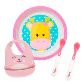 Babador De Silicone Pega Migalhas Gumy Rosa Pratinho Kit Colheres Termossensível Girafa Botão Ajustável Design Divertido