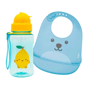 Conjunto com Garrafinha Fruitt Limão 350ml Com Babador de Silicone com Pega Migalhas Azul Buba
