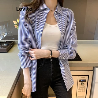 Lovito Blusa Casual Listrada De Manga Comprida Com Botões Para Mulheres LNA26184 (Azul)