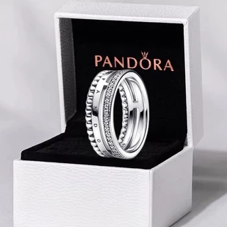 Com Caixa Anel Pan Ring Original Fêmea Logotipo Pavé Três Em Um S925 Silver Light Luxury Premium Jóias De Luxo De Casal