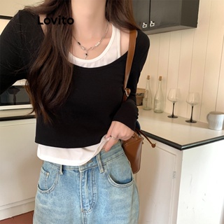 Lovito Camiseta Casual 2 Em 1 Falsa Com Costura De Tecido Liso Para Mulheres LNE31226 (Preto E Branco)