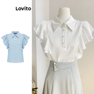 Lovito Blusa Elegante Com Babados Frontais Com Botão Liso Para Mulheres L74ED116