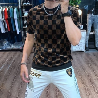 Homens de manga curta Camiseta de manga redonda com decote redondo e camiseta elástica confortável com classe Casual