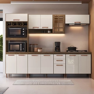Cozinha Modulada Completa Fidelitá Berlim 5 Peças 270cm 12 Portas 2 Gavetas Com Tampo Noce/Off-White